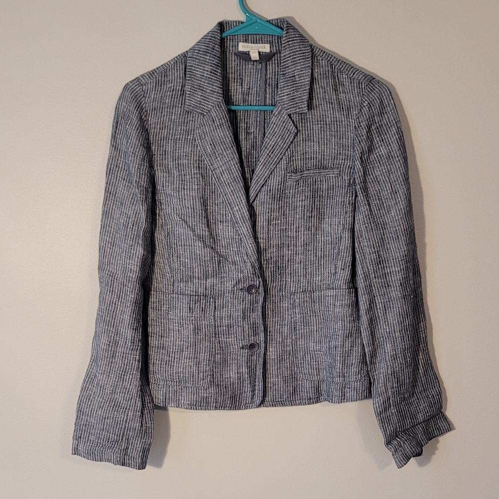 Eileen Fisher 100% Linen Pinstripe Blue and White Blazer Petite Small